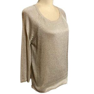 Alya Womens Sweater Medium Round Neck Knit Pullover Gold Shimmer Lightweight